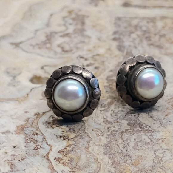 Sterling Silver Real Pearl Button Style Flower Petal Earrings - Picture 3 of 7